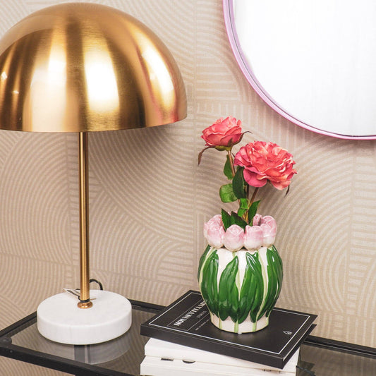 Vase - Tulips - Dolomite - Light pink/Green - 12.5x12.5x16cm