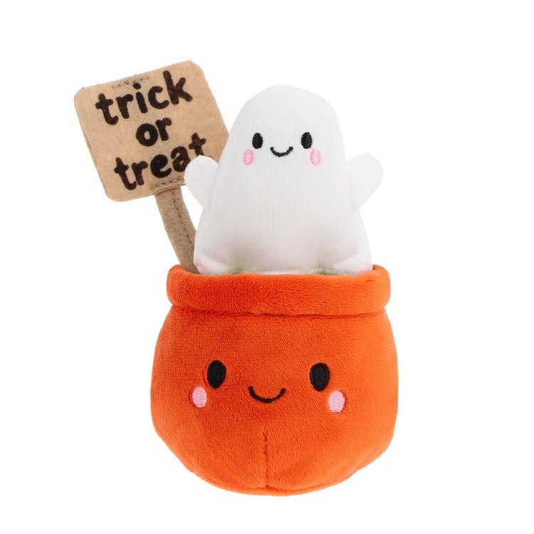 Peluche Halloween Keeleco fantôme Trick or Treat dans un pot orange 12 cm