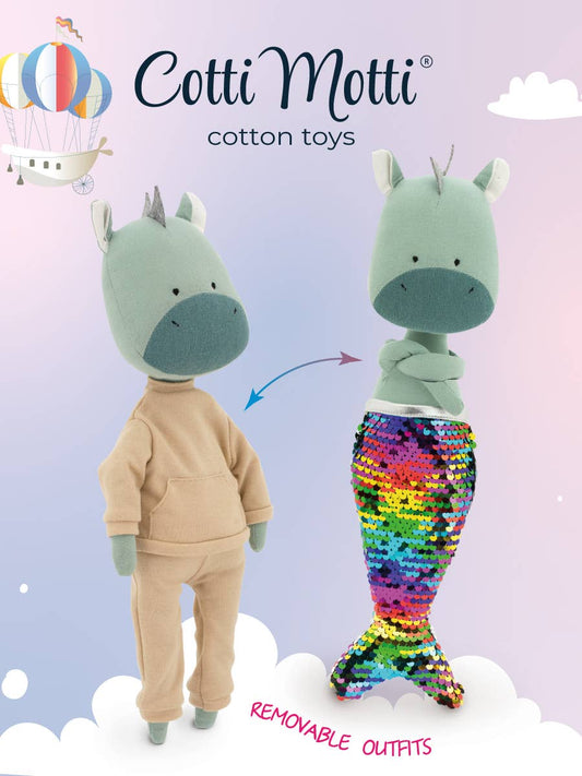 Andy the Dragon Plush Toy: Beige outfit and mermaid tail set - 29 cm
