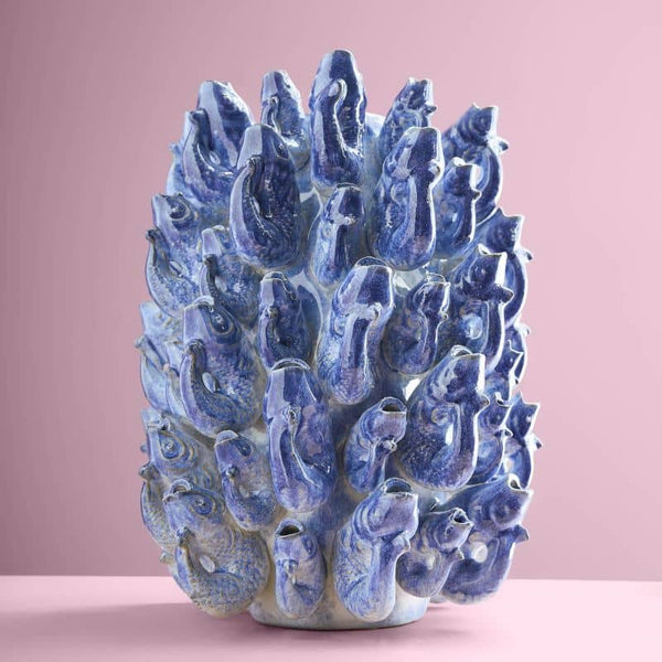 Fish school vase, blue stoneware, 24 x 24 x 32 cm