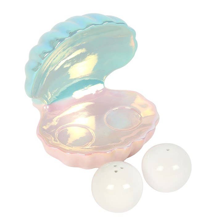 Iridescent clam shell salt and pepper shaker
