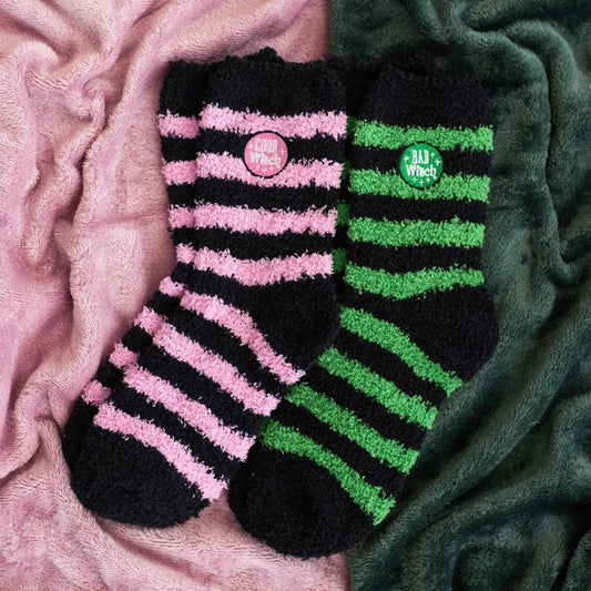 Set of 2 pairs of fluffy striped socks: Good Witch, Bad Witch