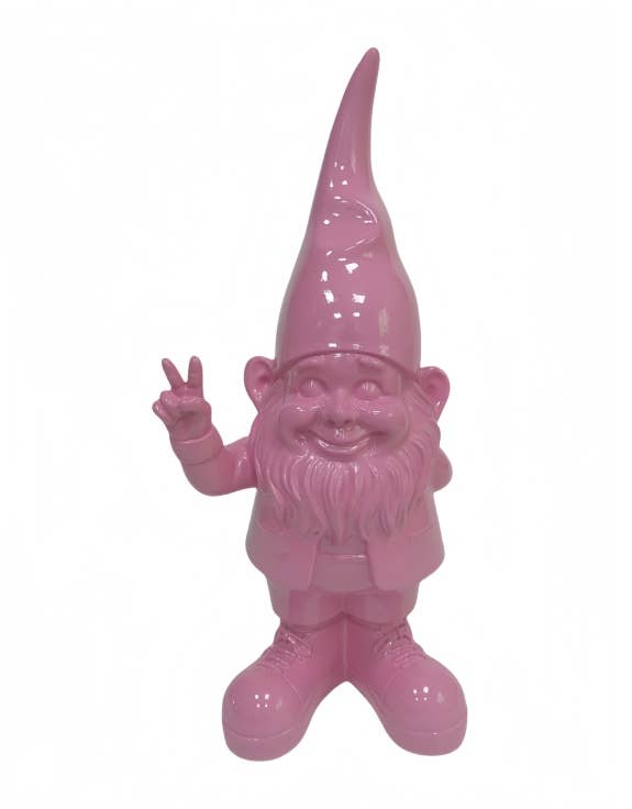 Bright pink "Peace Hand" garden gnome M