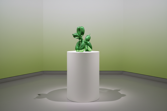 Large decorative figurine of a dog with an electric green balloon.