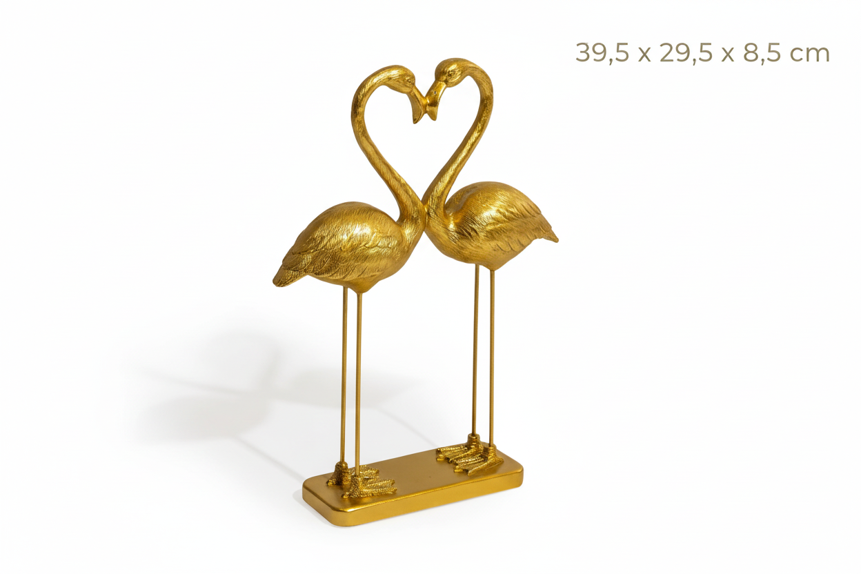 Een paar roze flamingo's met het thema "Hart van de Liefde" in antiek goud.