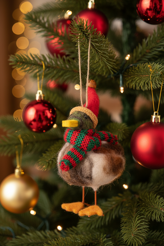 Eendje met kerstmuts en vilten sjaal als versiering.