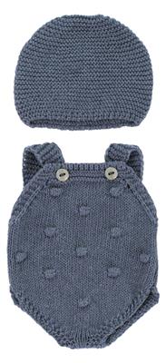 ML Poupées: ENSEMBLE de VÊTEMENTS TRICOTÉ gris bleu garçcon 32cm, 2 pièces, barboteuse + bonnet, éco et recyclé, sur un cintre, 3+