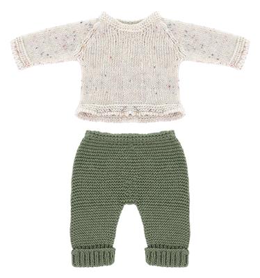 ML Poupées: ENSEMBLE de VÊTEMENTS TRICOTÉ vert/ecru garçon 32cm, 2 pièces, pull + pantalon, éco et recyclé, sur un cintre, 3+