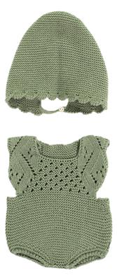 ML Poupées: ENSEMBLE de VÊTEMENTS TRICOTÉ vert fille 40cm, 2 pièces, barboteuse + bonnet, éco et recyclé, sur un cintre, 3+