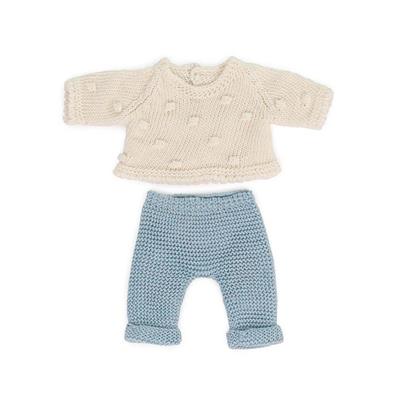 ML Poupées: ENSEMBLE de VÊTEMENTS TRICOTÉ bleu/blanc pour poupée 21cm, éco et recyclé, 2 pièces, pantalon et pull, sur un cintre, 3+