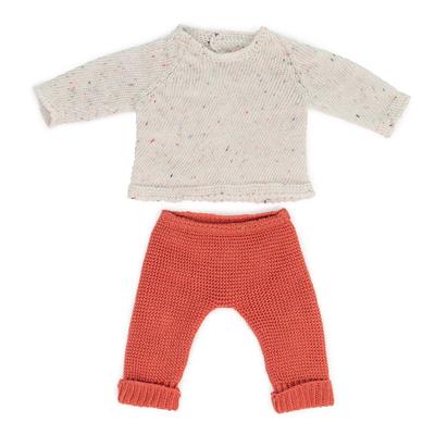 ML Poupées: ENSEMBLE de VÊTEMENTS TRICOTÉ rouge/blanc pour poupée 38cm, éco et recyclé, 2 pièces, pantalon et pull, sur un cintre, 3+