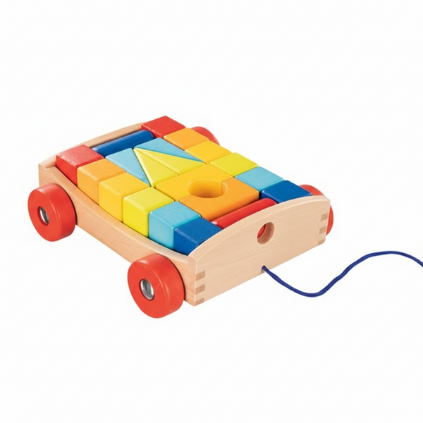 Wooden pull cart with building blocks