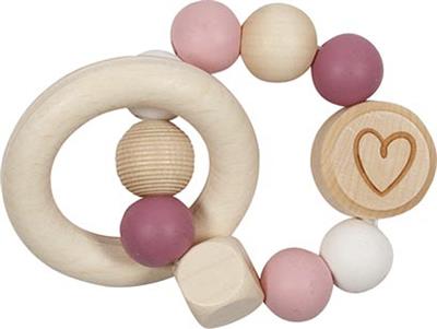 Goki Baby Hochet: COEUR rose diam.9cm, avec élastique, bois et silicone