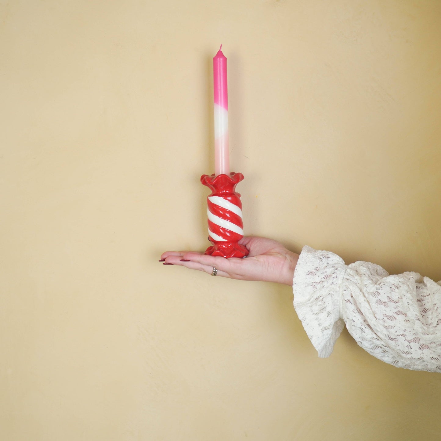 Candlestick - Toffee Candy - Ceramic - Red/White - 7.5x7.5x13 cm