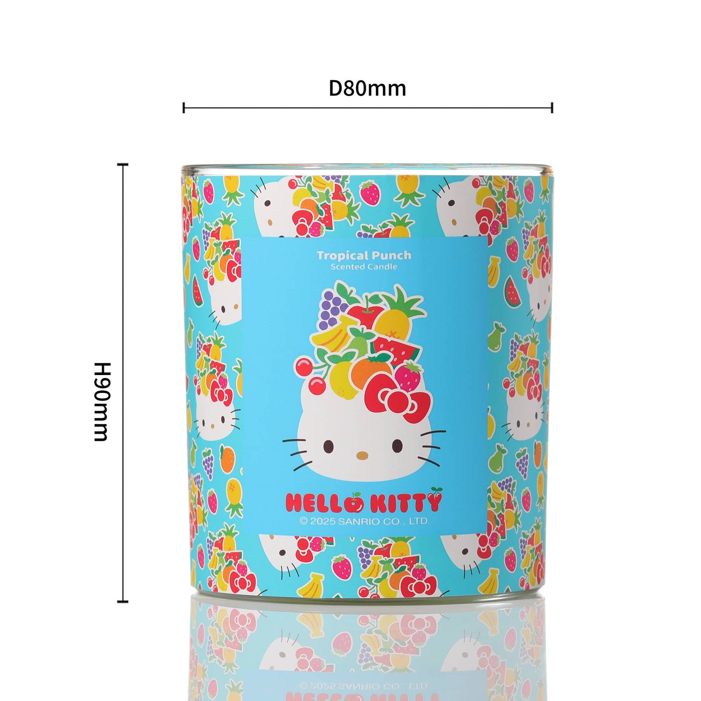 Blauwe kaars met originele Hello Kitty-print, geur Tropical Punch.