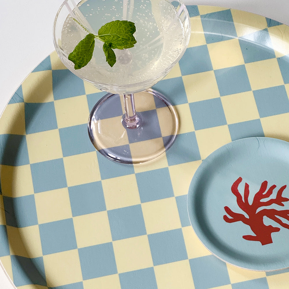 Lemon Seafoam CHECKER Round Serving Tray - 31 cm