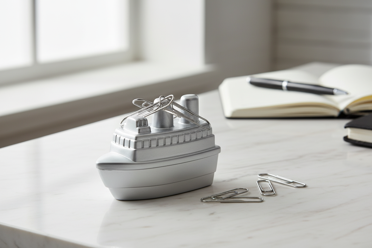 Potloodslijper in de vorm van een boot en magneet voor paperclips
