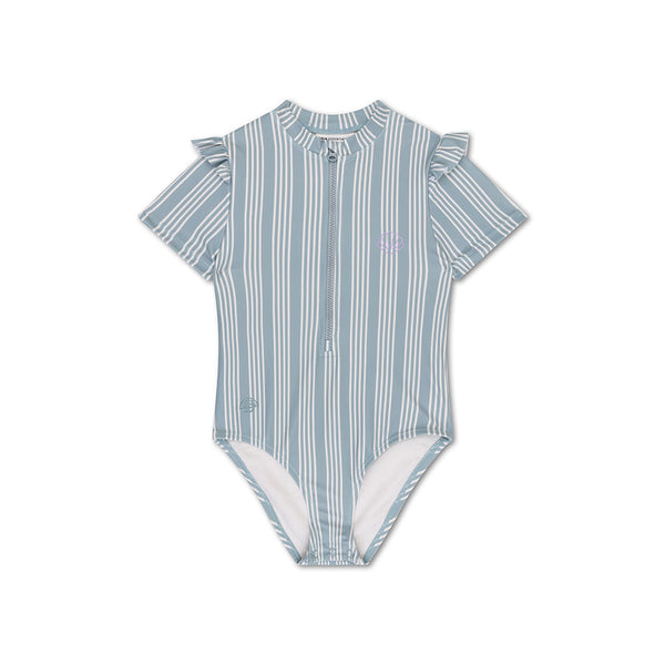 Swimsuit Girls With Short Sleeves - Green/White - Resort Stripe