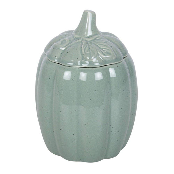 Tall, sage green, pumpkin-shaped oil burner with lid
