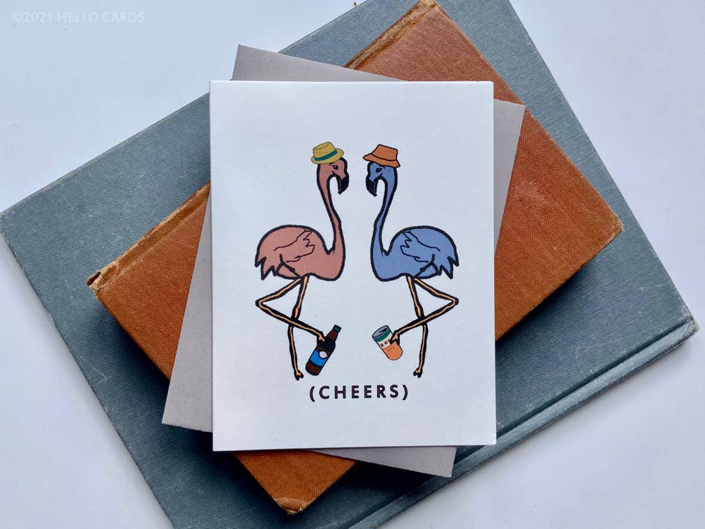 Wenskaart "Leggy Cheers" met flamingo-motief