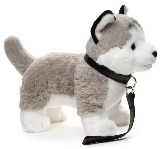 Grey Husky plush toy, standing (with leash)