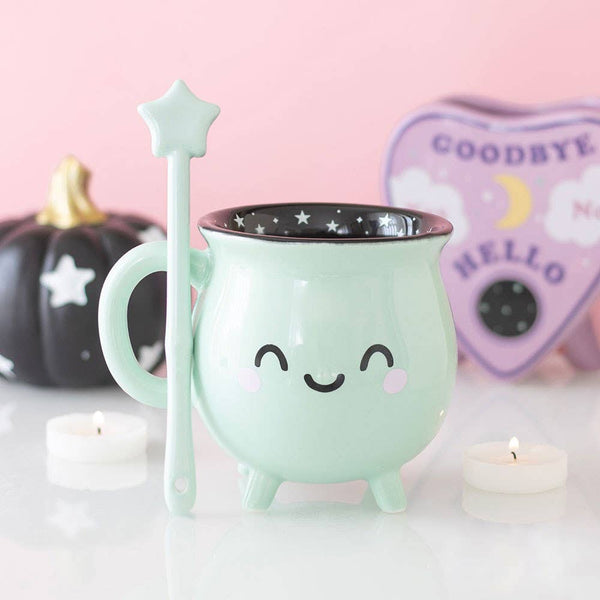 Mint Green Kawaii Cauldron Halloween Mug with Wand Stirrer