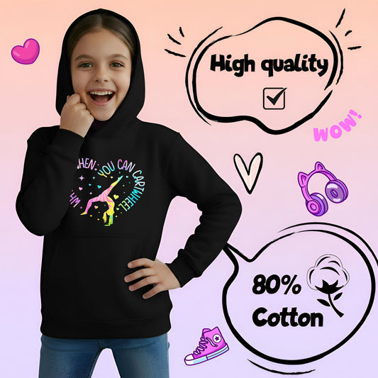Fringoo Gymnastic Hoodie for Kids Cotton Rich Soft Hooded Sweatshirt - Gymnastic Cartwheel - Black