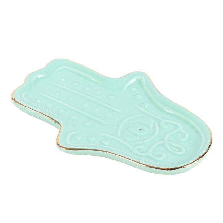 Porte-encens en céramique main Hamsa bleue