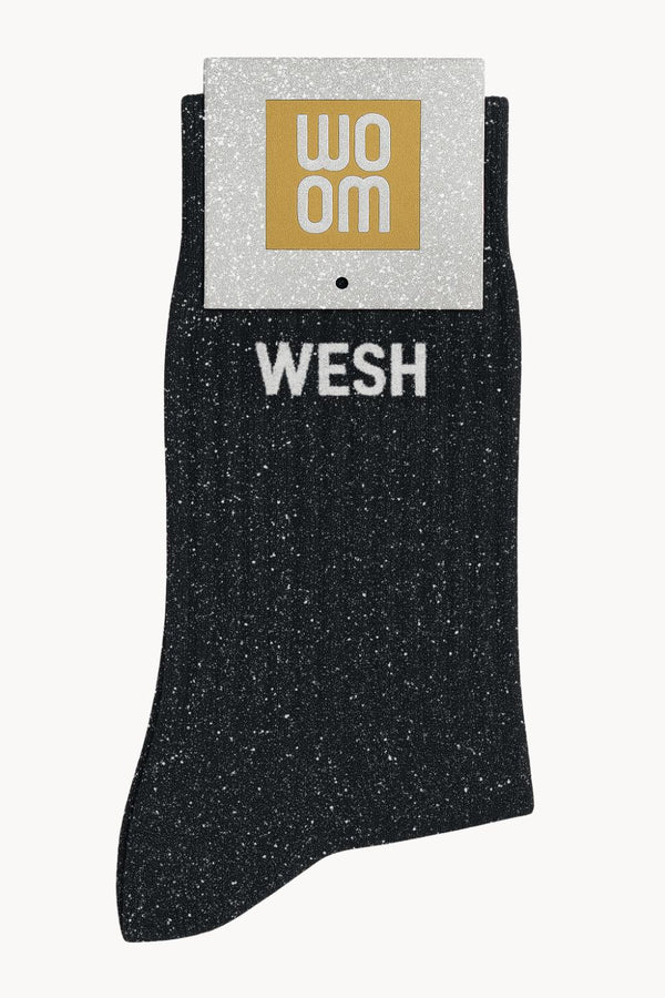 "Wesh" Message Sequin Socks - Black
