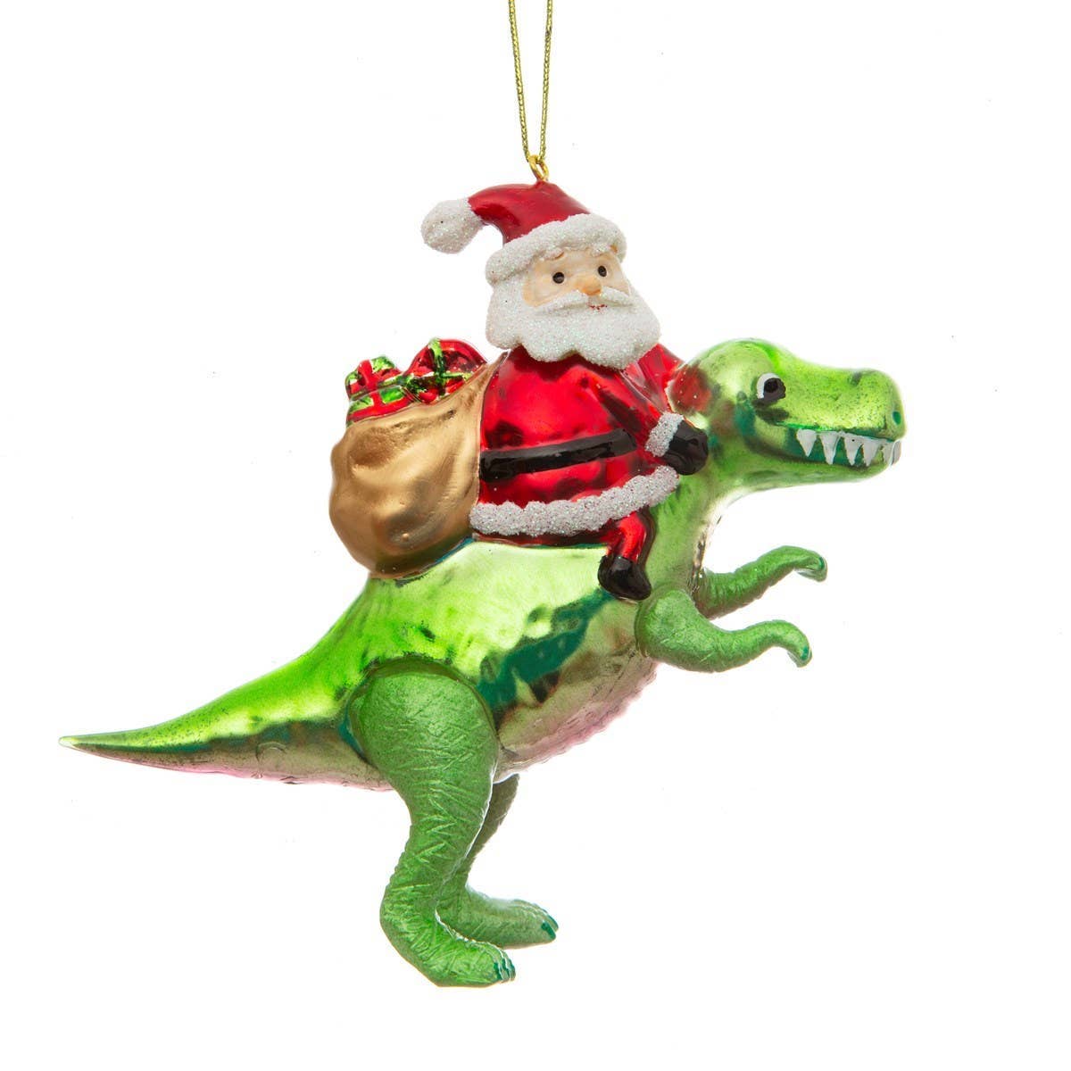 Boule de Noël Père Noël sur un Dinosaure