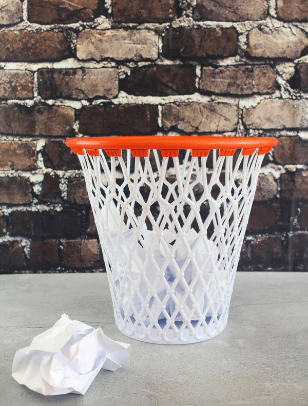 Trash can, basketball hoop