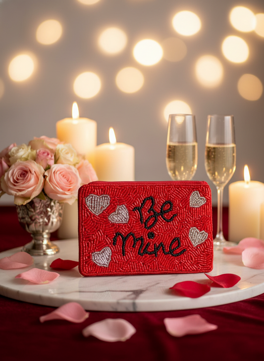 Pochette zippée à perles rouges « Be Mine »