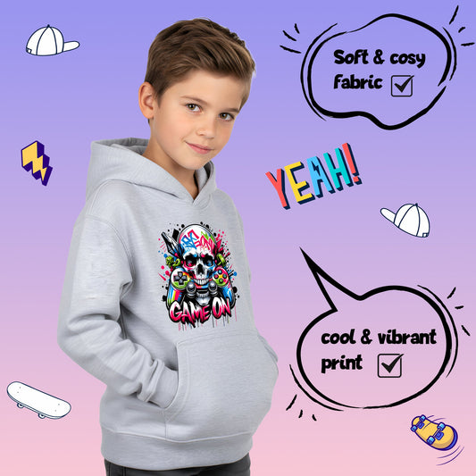 Fringoo Gamer Hoodie Grey for Boys Cotton Rich Soft Hooded Sweatshirt - Game on Skull Grey
