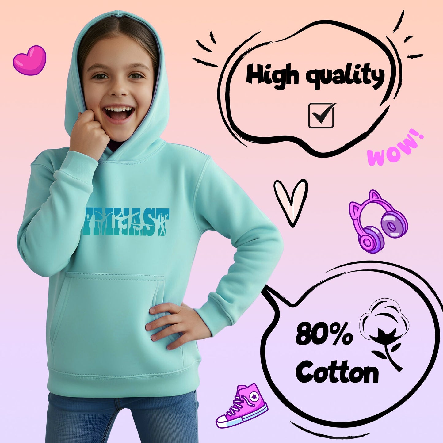 Fringoo Gymnastic Sweat à capuche for enfant Cotton Rich Soft Hooded Sweatshirt- Gymnast turquoise