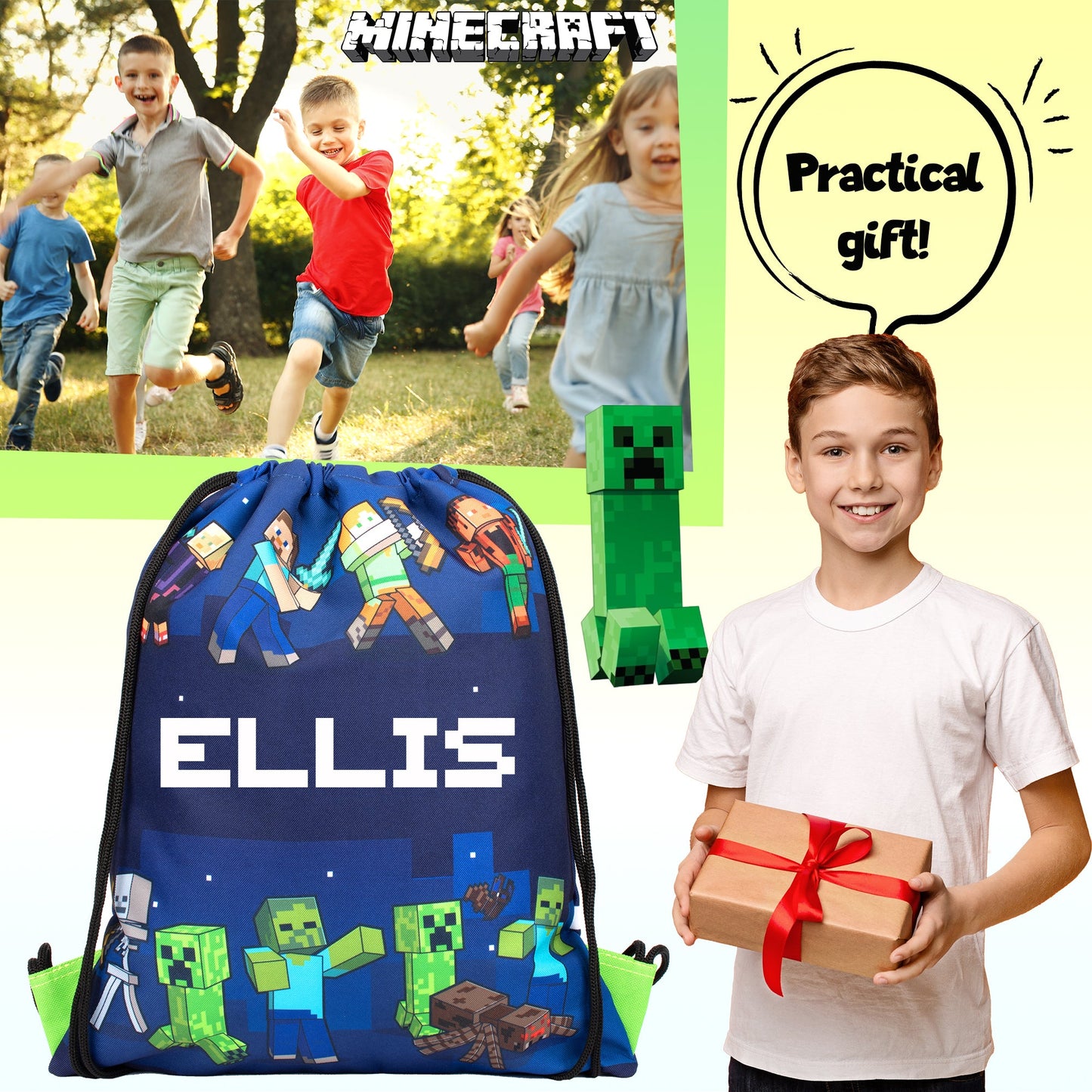Official Minecraft Minecraft Blue Personalized Drawstring Bag | Kids PE Bag | Fringoo