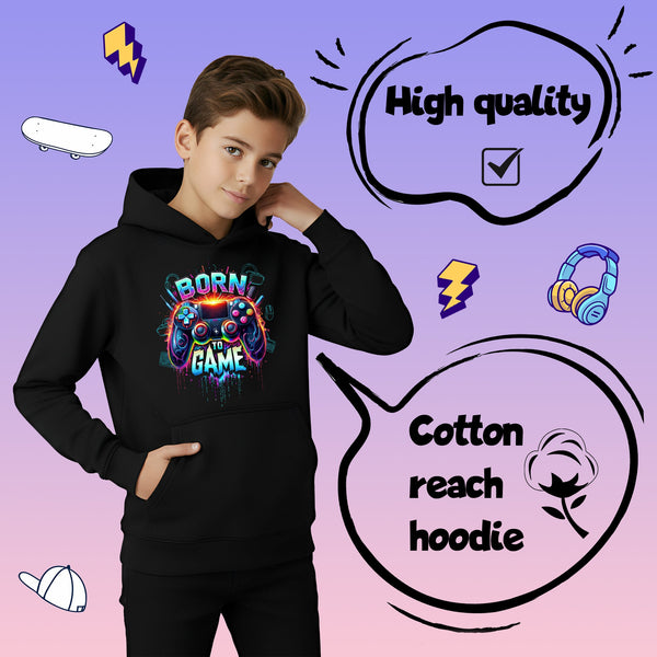 Sweat à capuche gaming – Fringoo gaming for Boys Cotton Rich Soft Hooded – Born to Game noir