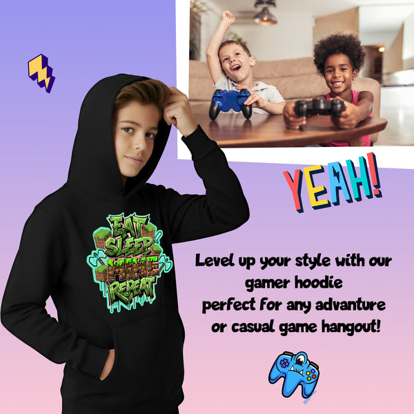 Fringoo Gamer Hoodie Grey for Boys Cotton Rich Soft Hooded Sweatshirt - Eat Minecraft Black