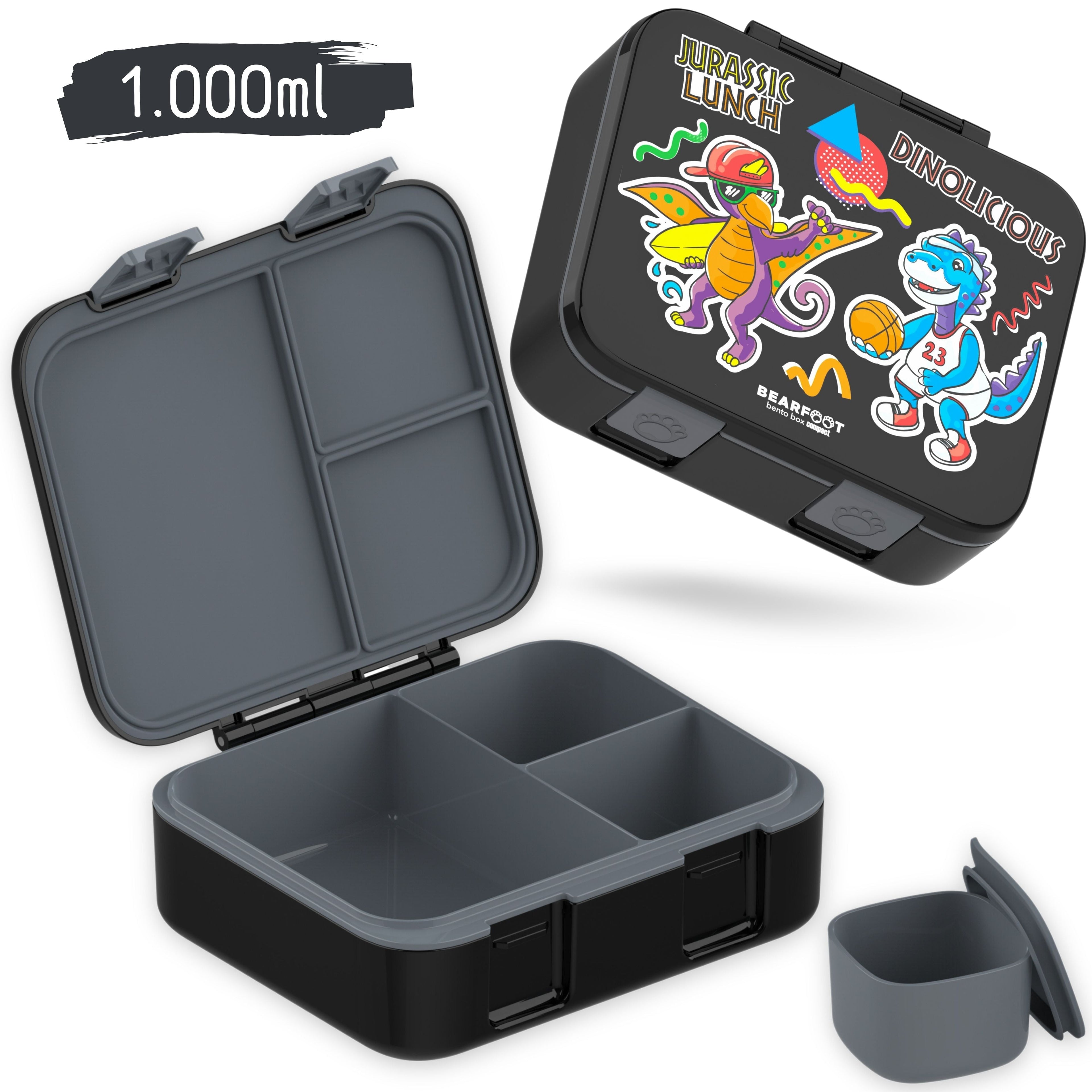 Lunch box with compartments, lightweight & leak-proof - Dinos black