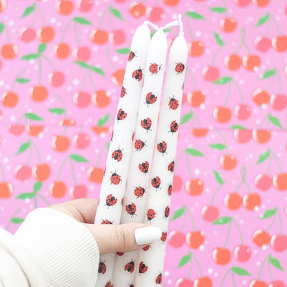 Set of 3 ladybug-print cone candles for Valentine's Day