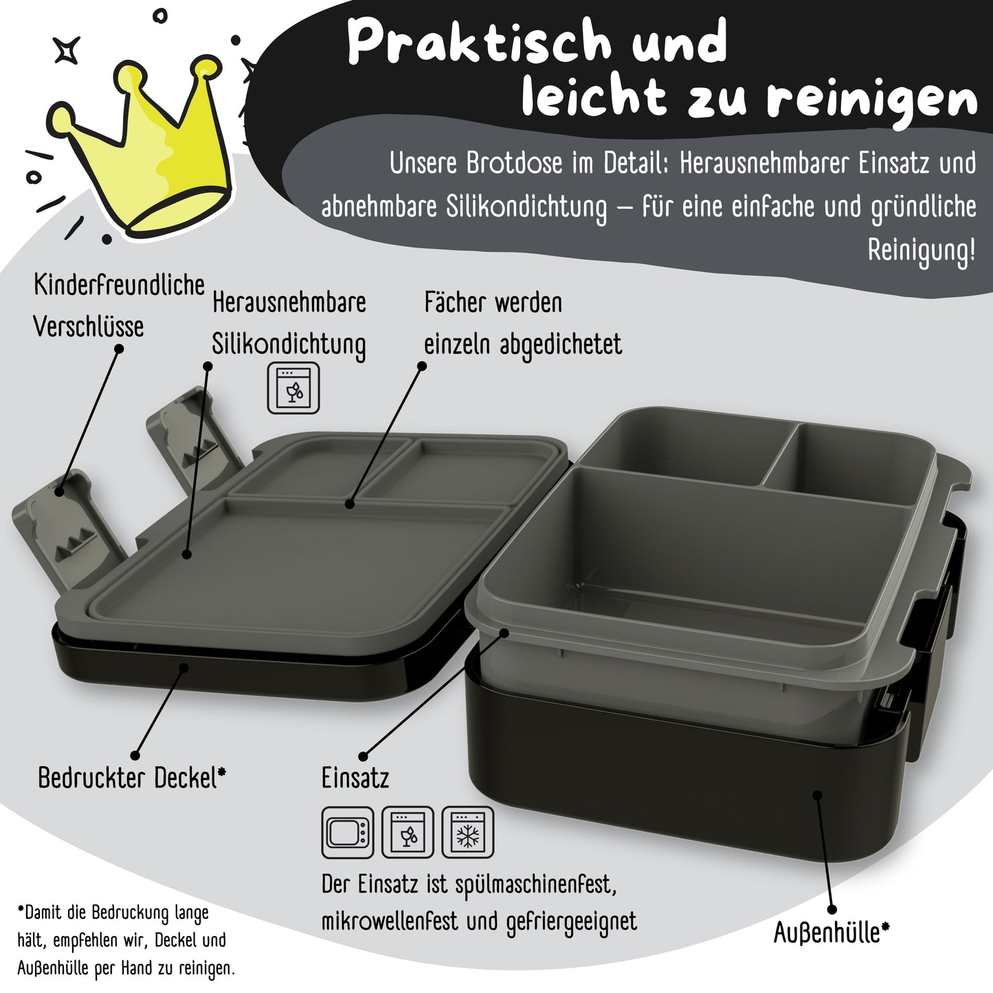 Brotdose mit Fächern, leicht & auslaufsicher - Dinos schwarz