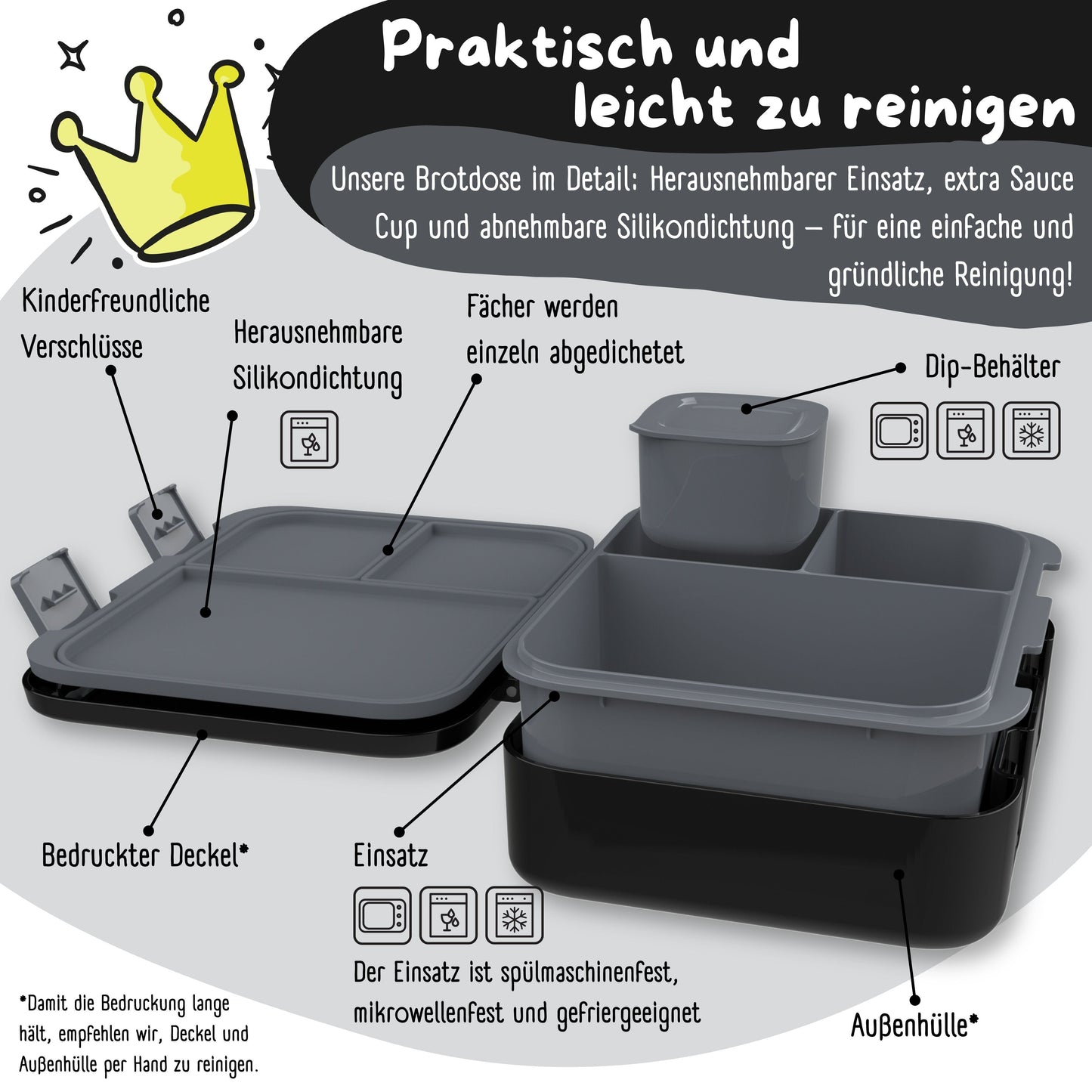 Brotdose mit Fächern, leicht & auslaufsicher - Dinos schwarz