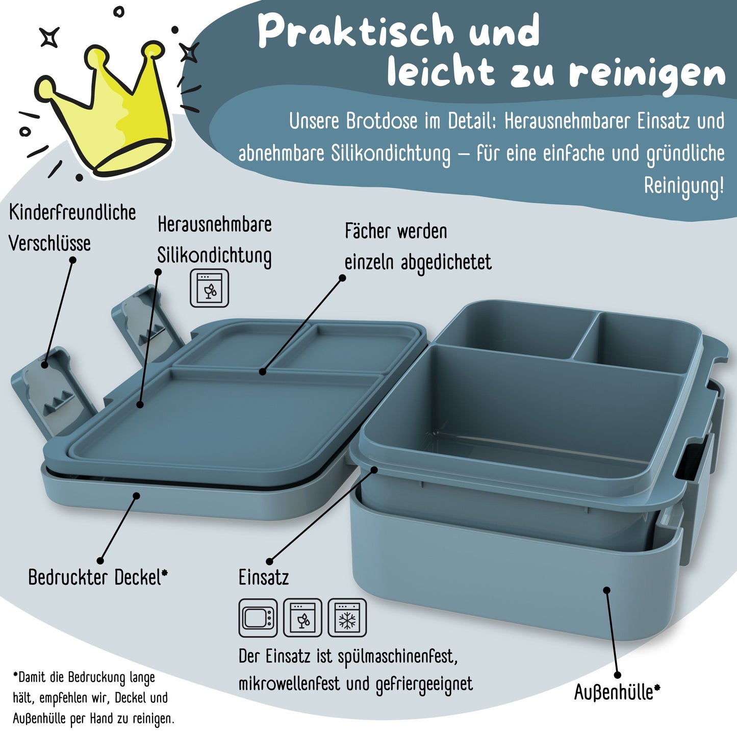 Brotdose mit Fächern, leicht & auslaufsicher - Sticker blau