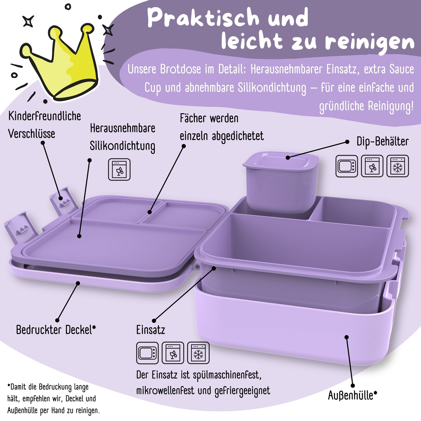 Compartmented lunch box, lightweight & leak-proof - Unicorn purple