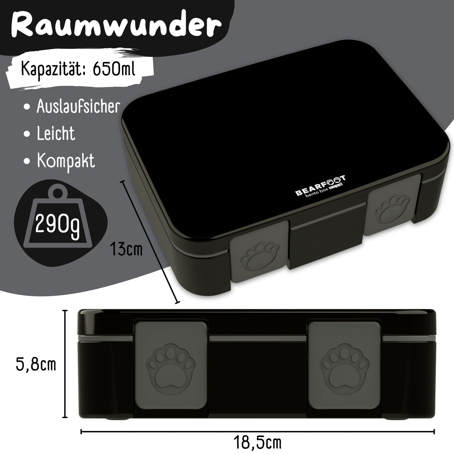 Lunchbox with compartments, lightweight & leak-proof - black