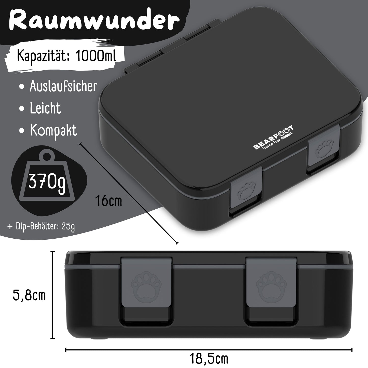 Lunchbox with compartments, lightweight & leak-proof - black