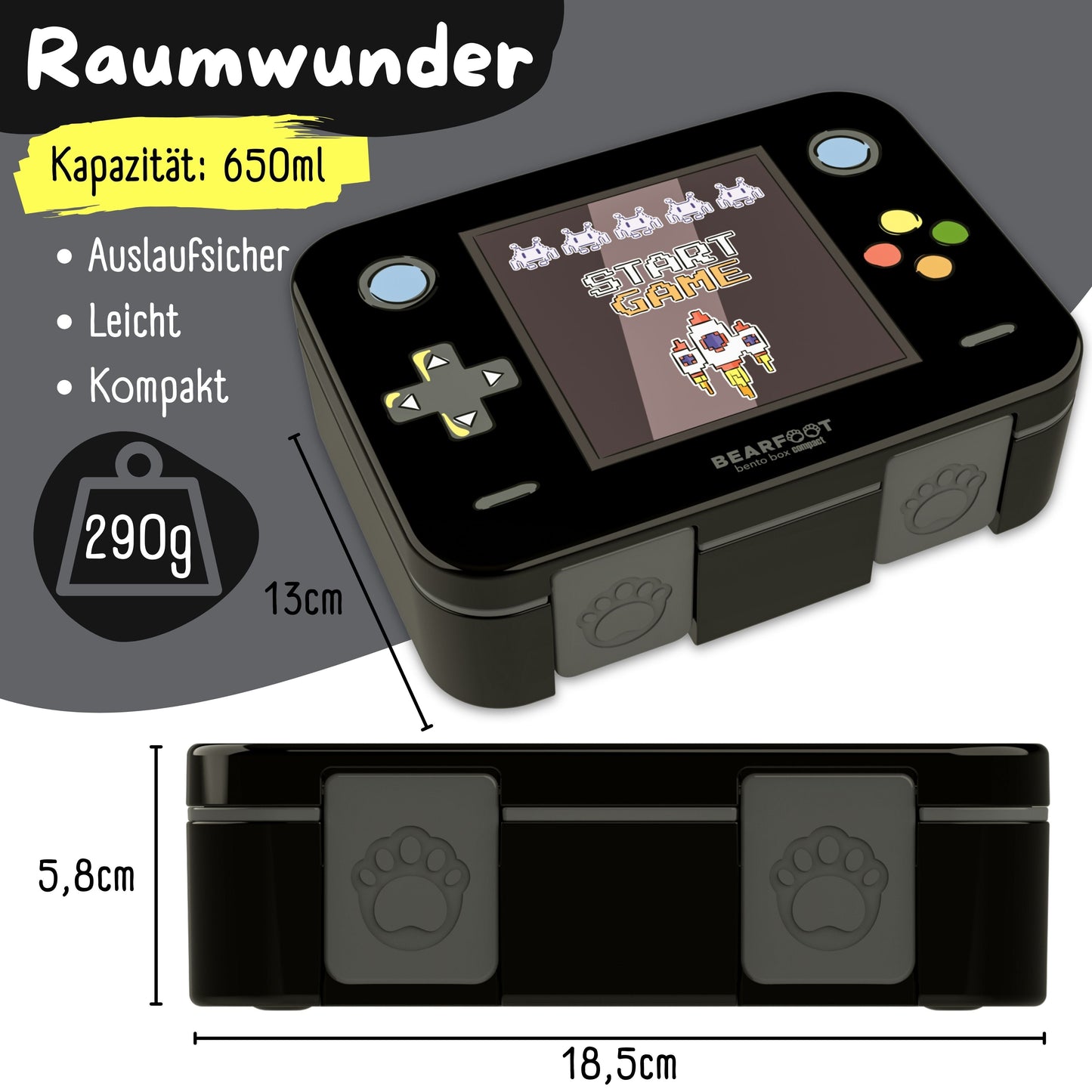 Lunchbox with Compartments, Lightweight & Leak-proof - Game Black