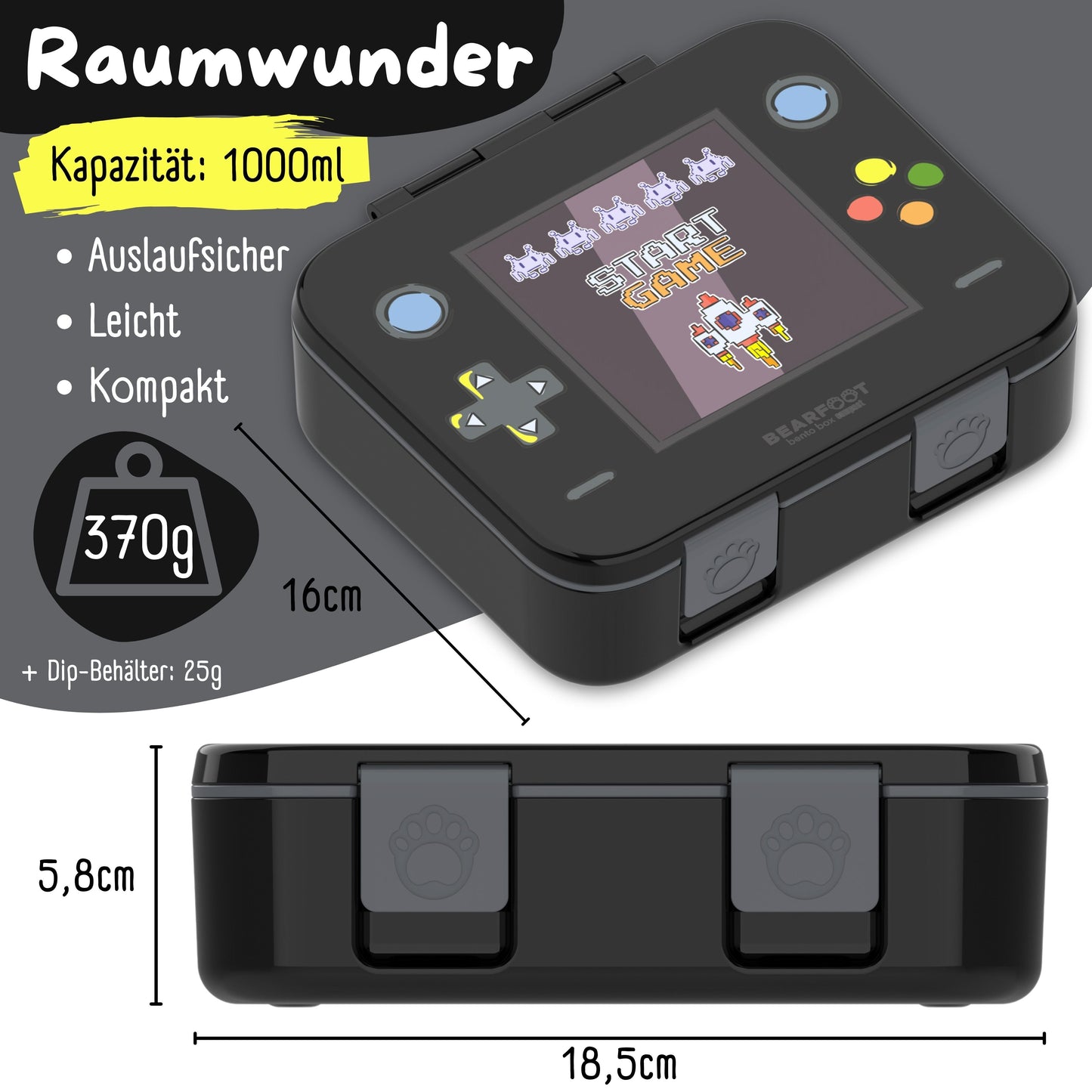 Lunchbox with Compartments, Lightweight & Leak-proof - Game Black