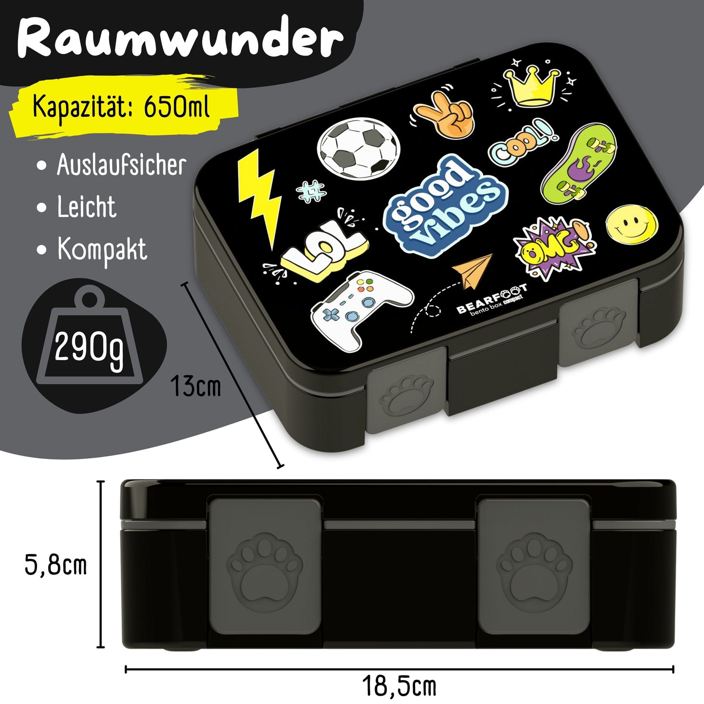 Lunch box with compartments, lightweight & leak-proof - Sticker black
