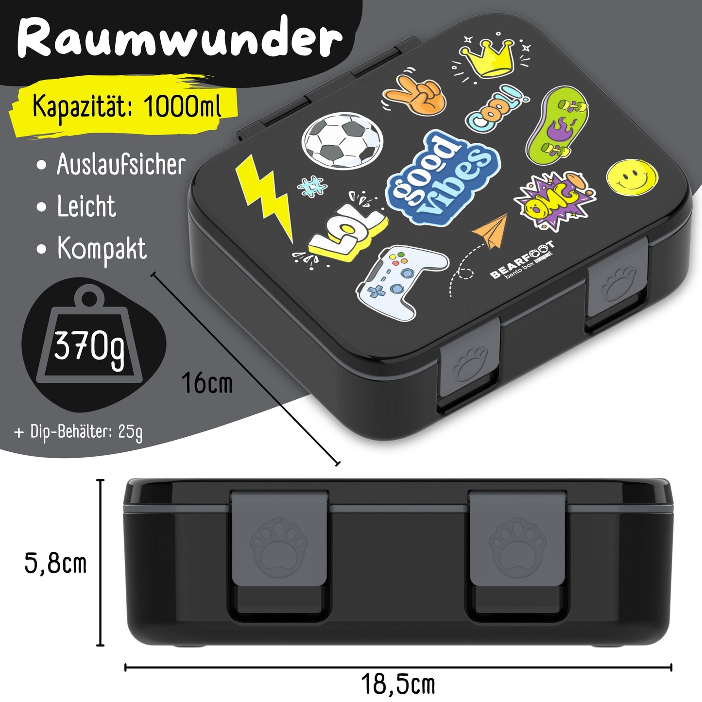 Lunch box with compartments, lightweight & leak-proof - Sticker black