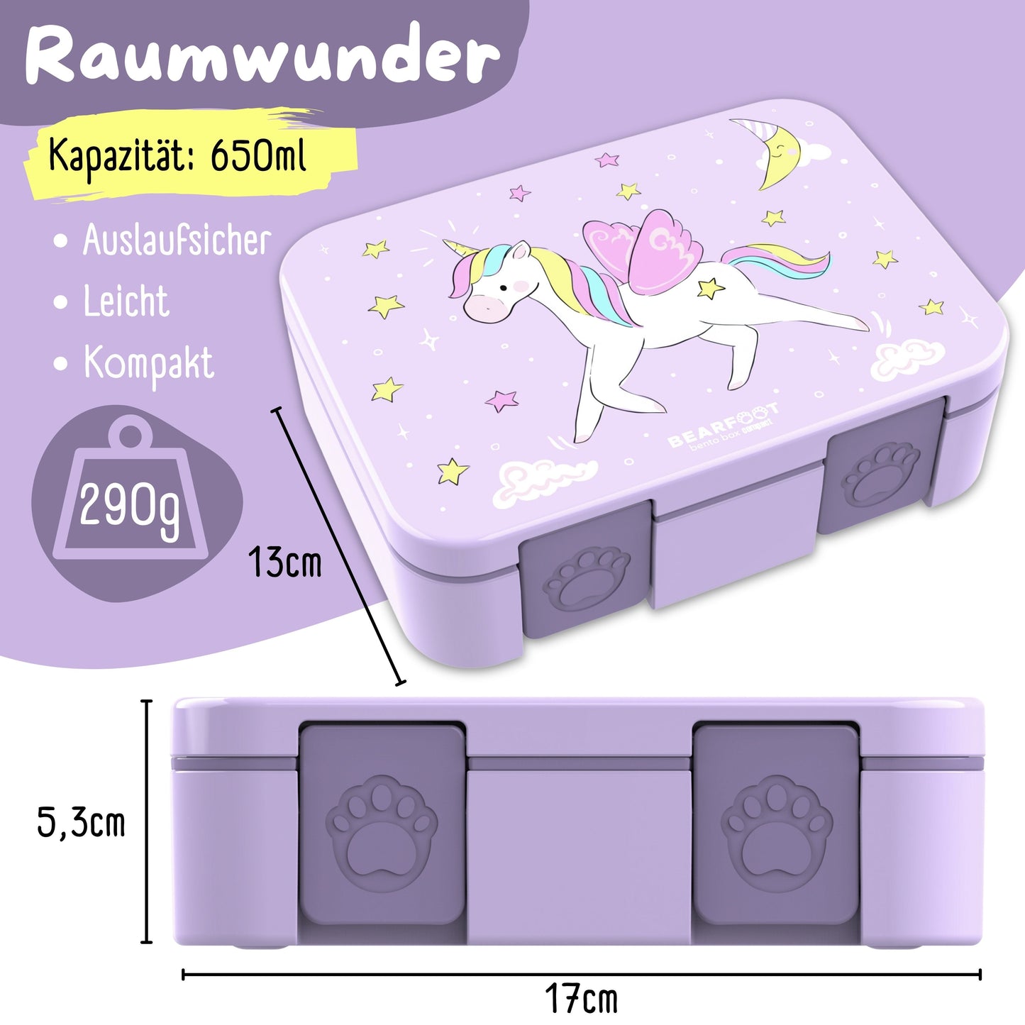 Compartmented lunch box, lightweight & leak-proof - Unicorn purple